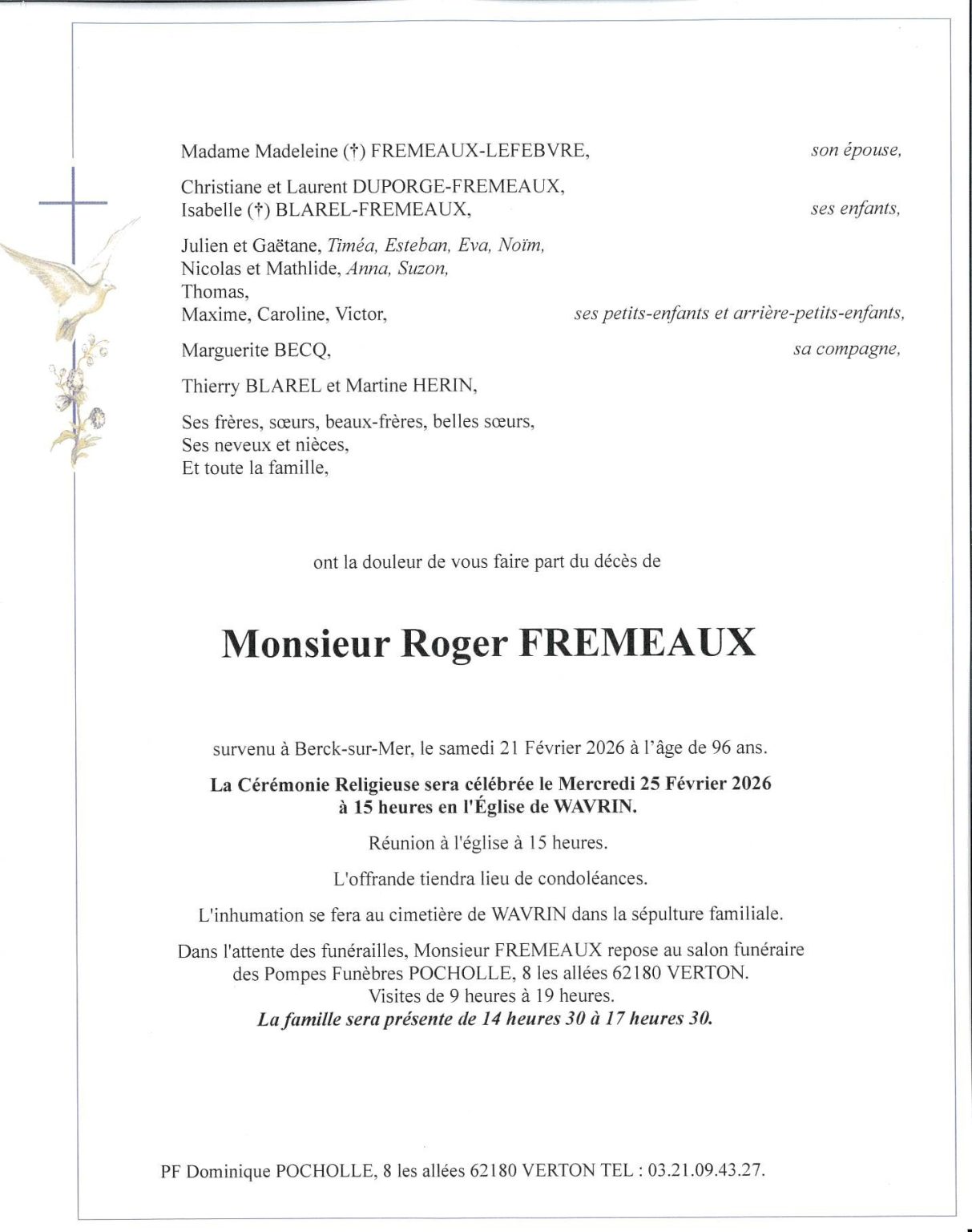 AVIS DE DECES RANG DU FLIERS BERCK POMPES FUNEBRES VERTONNOISES