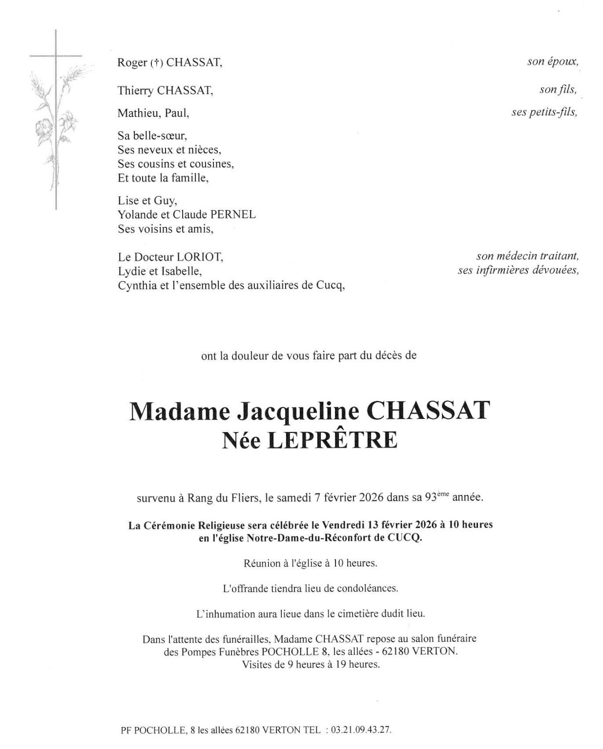 AVIS DE DECES CUCQ POMPES FUINEBRES POCHOLLE