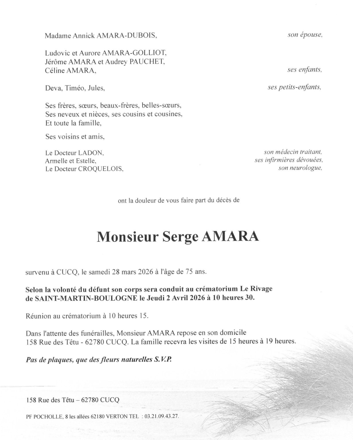AVIS DE DECES POMPES FUNEBRES POCHOLLE CUCQ