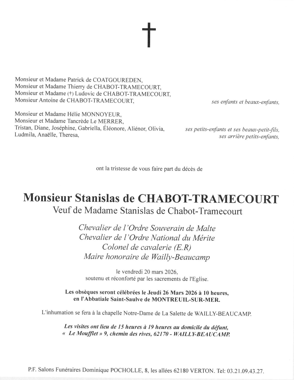 AVIS DE DECES CONTE DE WAILLY BEAUCAMP POMPES FUNEBRES POCHOLLE