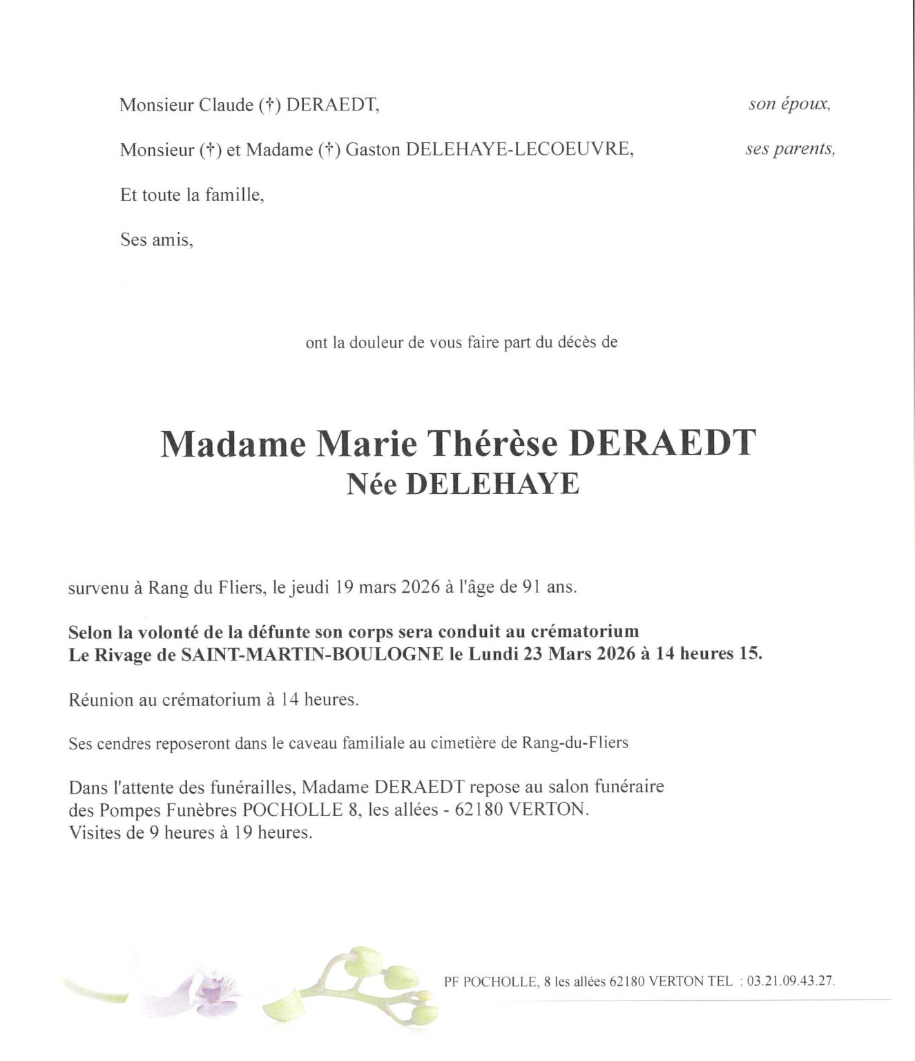 AVIS DE DECES RANG DU FLIERS POMPES FUNEBRES POCHOLLE