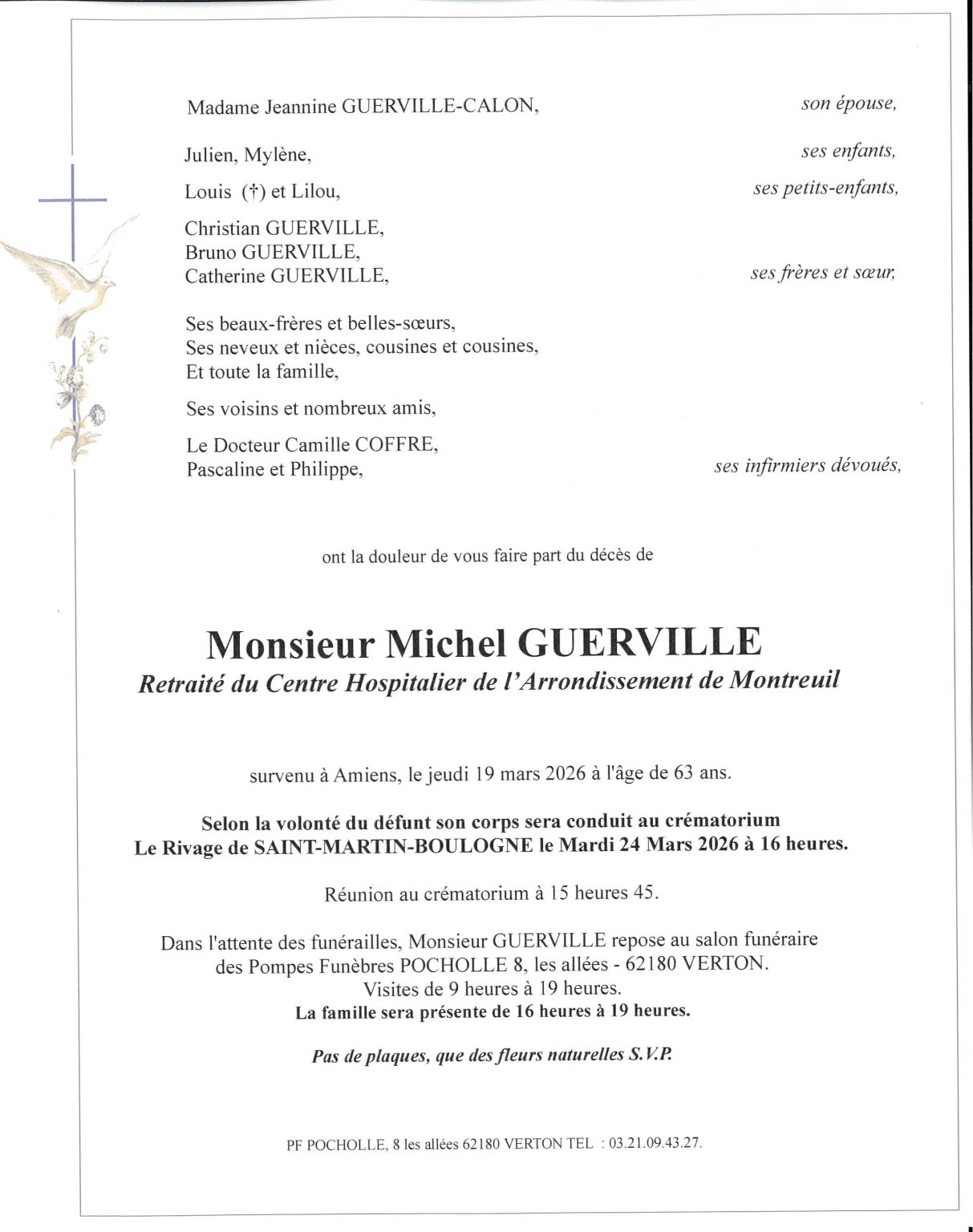 AVIS DE DECES POMPES FUNEBRES POCHOLLE NEUVILLE SOUS MONTREUIL