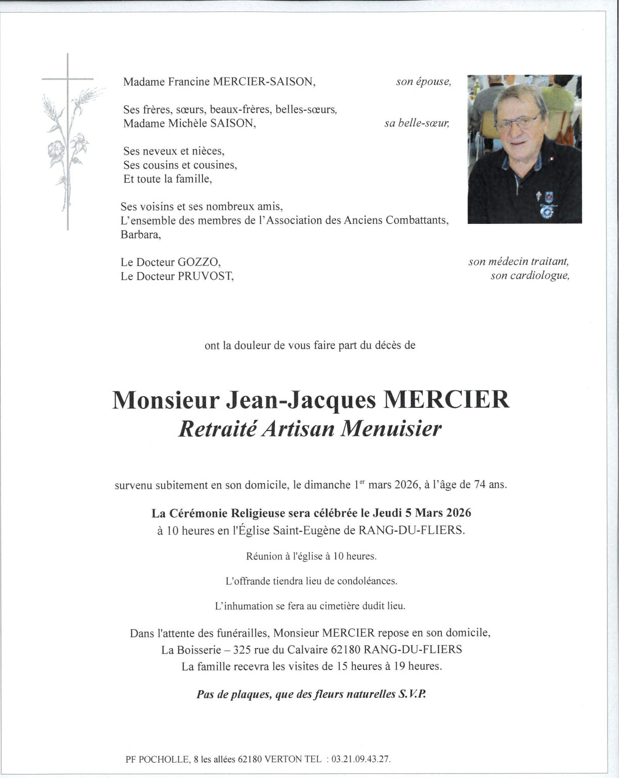 AVIS DE DECES avis de décès FAIRE PART DE DECES RANG DU FLIERS POMPES FUNEBRES POCHOLLE